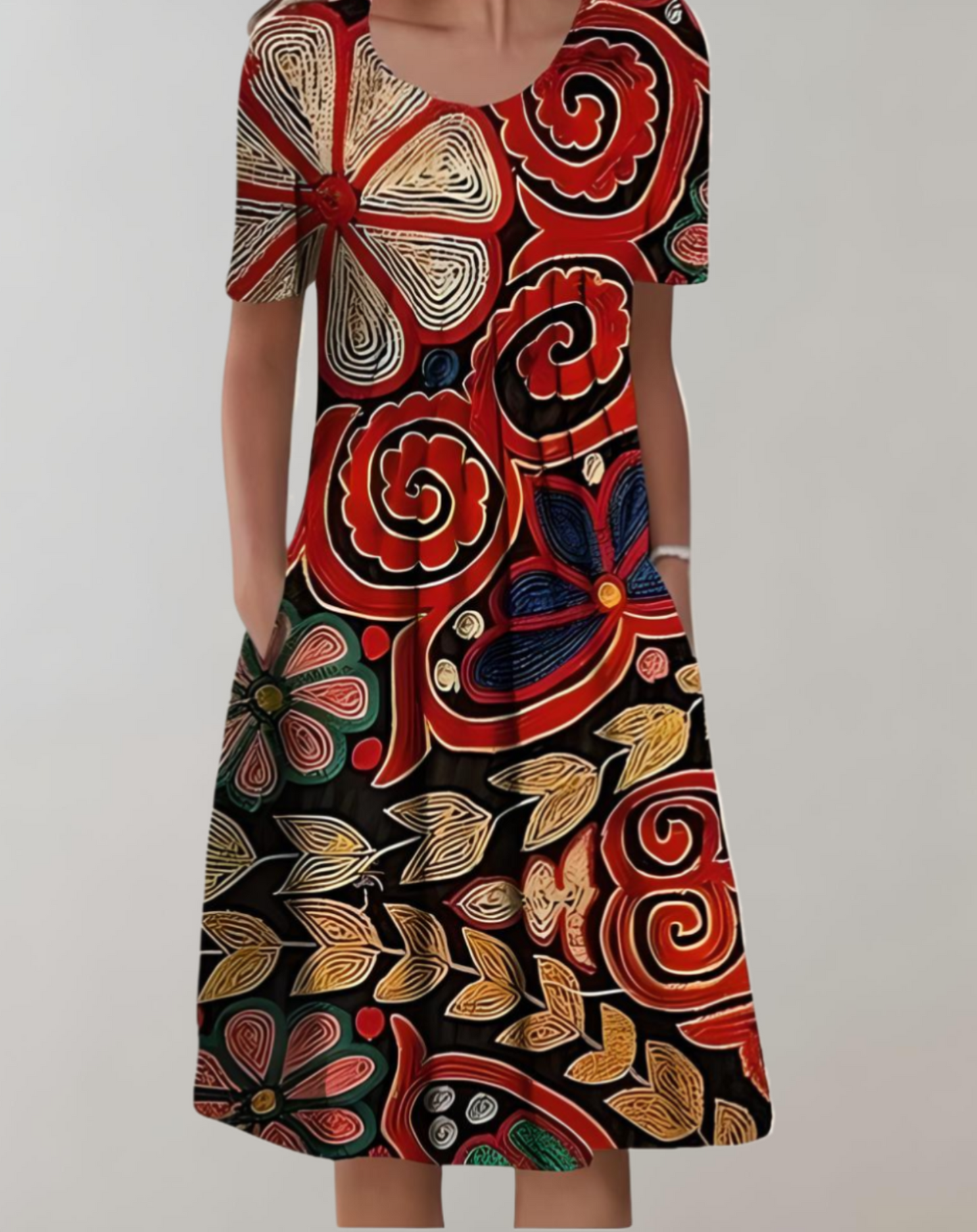 Layla - bohemian jurk met halve mouwen, bloemenprint, ronde hals en zakken