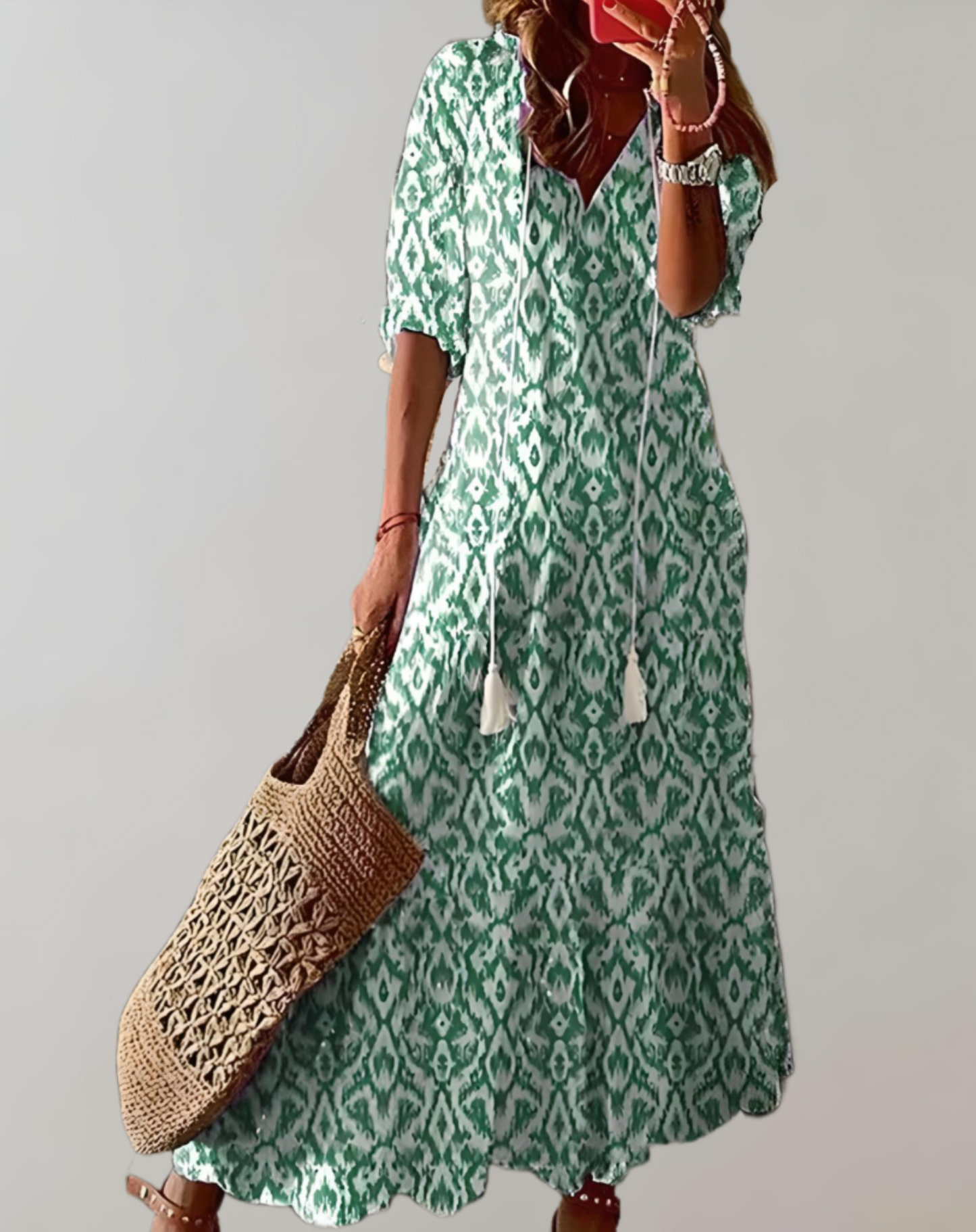 Linda - Bohemian maxi-jurk met een bloemenpatroon, halve mouwen en een verstelbaar trekkoord