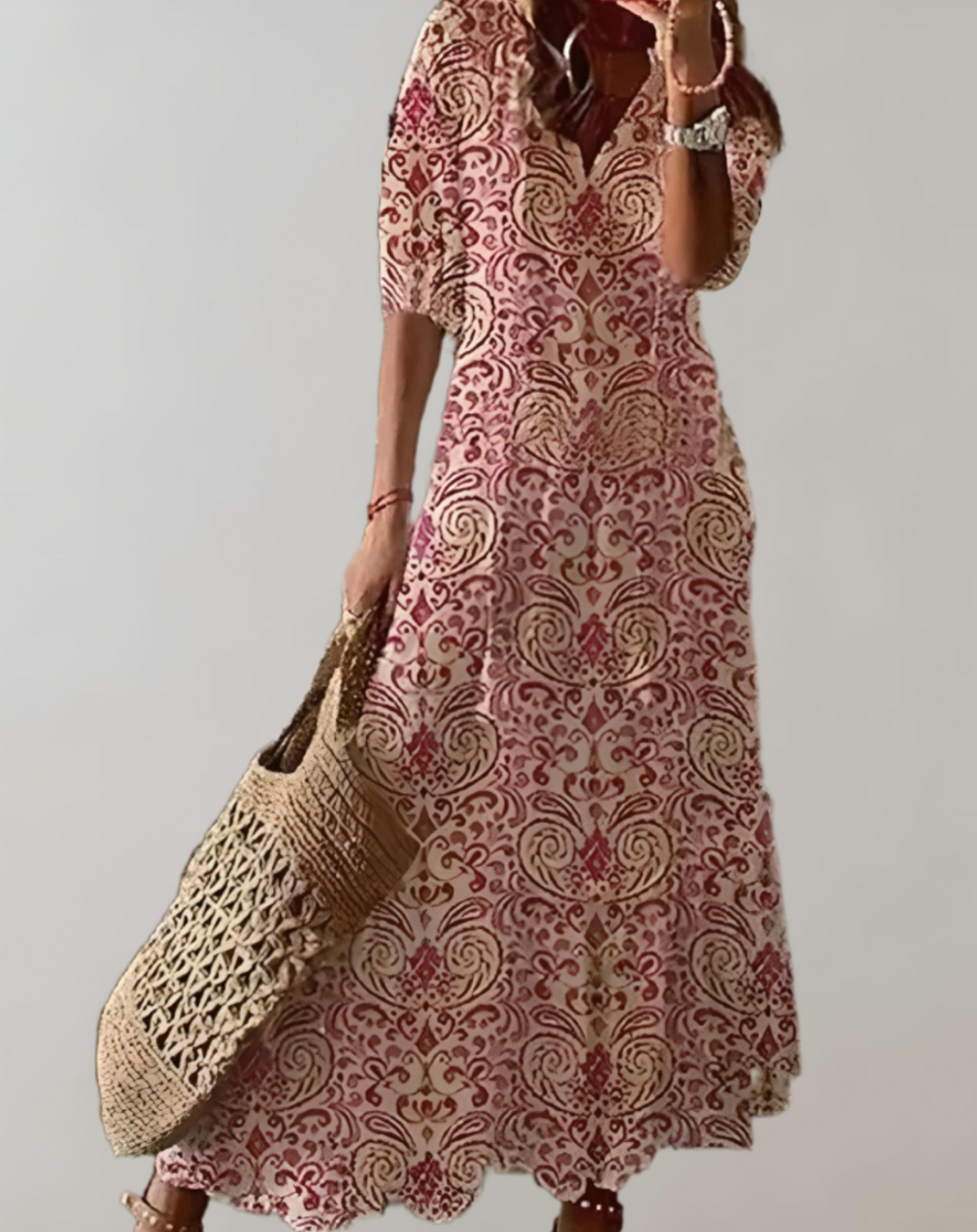 Linda - Bohemian maxi-jurk met een bloemenpatroon, halve mouwen en een verstelbaar trekkoord
