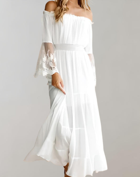 Dorothy - lange kanten jurk met witte en zwarte variant, lange mouwen en een off-shoulder halslijn