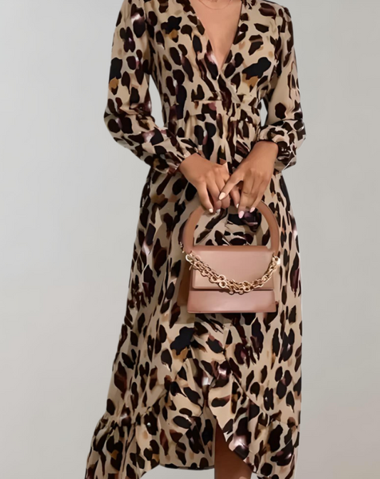 Abigail - midi-jurk met lange mouwen, luipaardprint, v-hals en asymmetrisch kenmerk