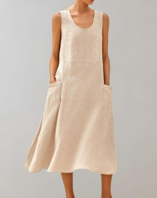 Sofia - comfortabele loose fit mouwloze katoenen midi-jurk in effen kleur met een U-hals en zakken detail