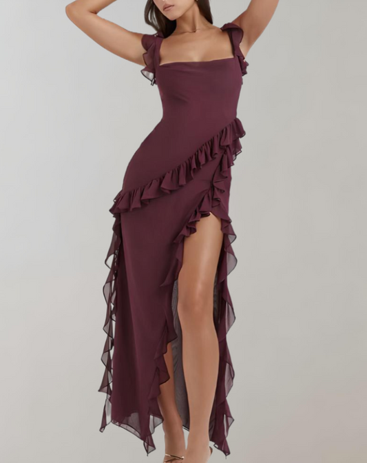 Luna - elegante maxi-jurk met ruches, spaghettiband en split