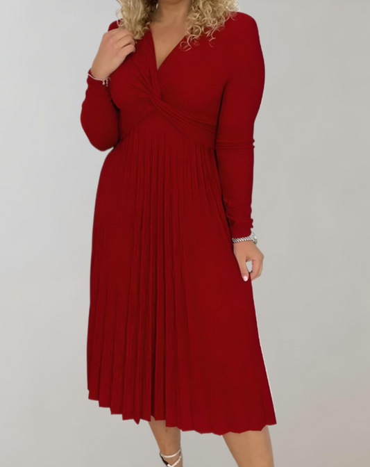 Penelope - rode midi-jurk met hoge tailleband, lange mouwen, plooien en V-halslijn