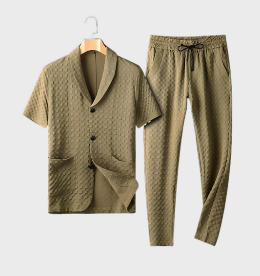 Adrianus -  Heren 2-delige set van button down overhemd met korte mouwen, vierkant patroon en reverskraag in combinatie met losse broek