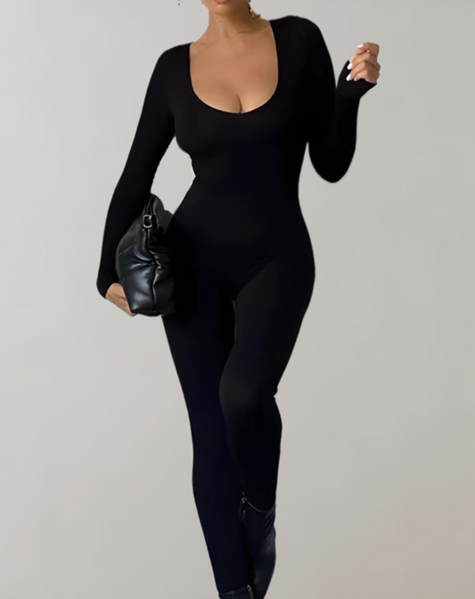 Erin - Bodycon jumpsuit met lange mouwen in effen kleur en een ronde halslijn