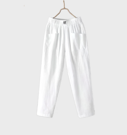 Emilia - recht model broek met ruches in de taille en zakken van linnen