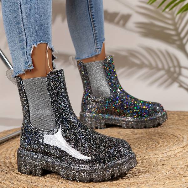 Eloise - Damesglitter platform enkellaarsjes met dikke zool en rits