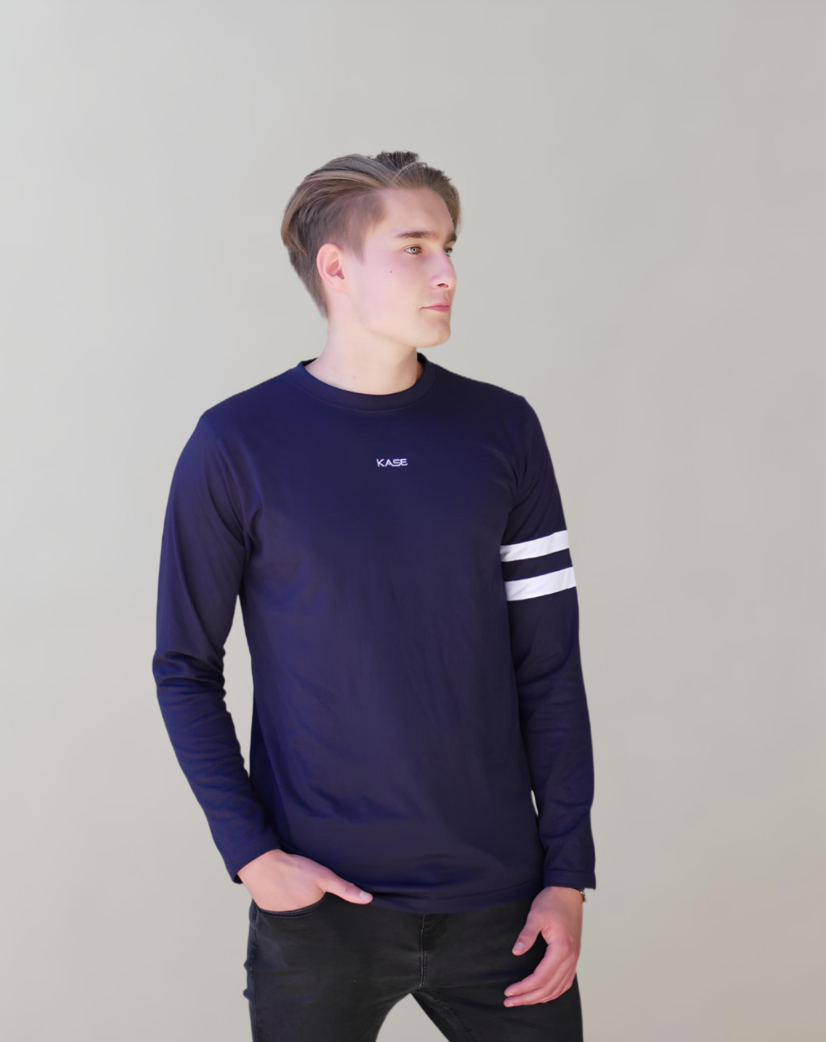 Blauwe Longsleeve met dubbele band op mouw