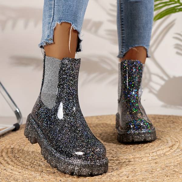 Eloise - Damesglitter platform enkellaarsjes met dikke zool en rits