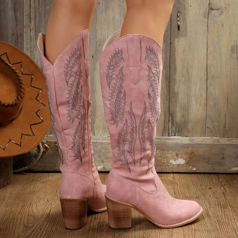 Mary - Roze Geborduurde Cowboylaarzen met Chunky Zool voor Vrouwen