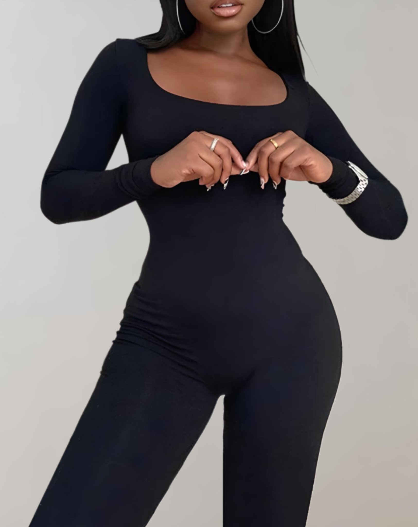 Elly - Bodycon jumpsuit met lange mouwen in effen kleur en een ronde halslijn