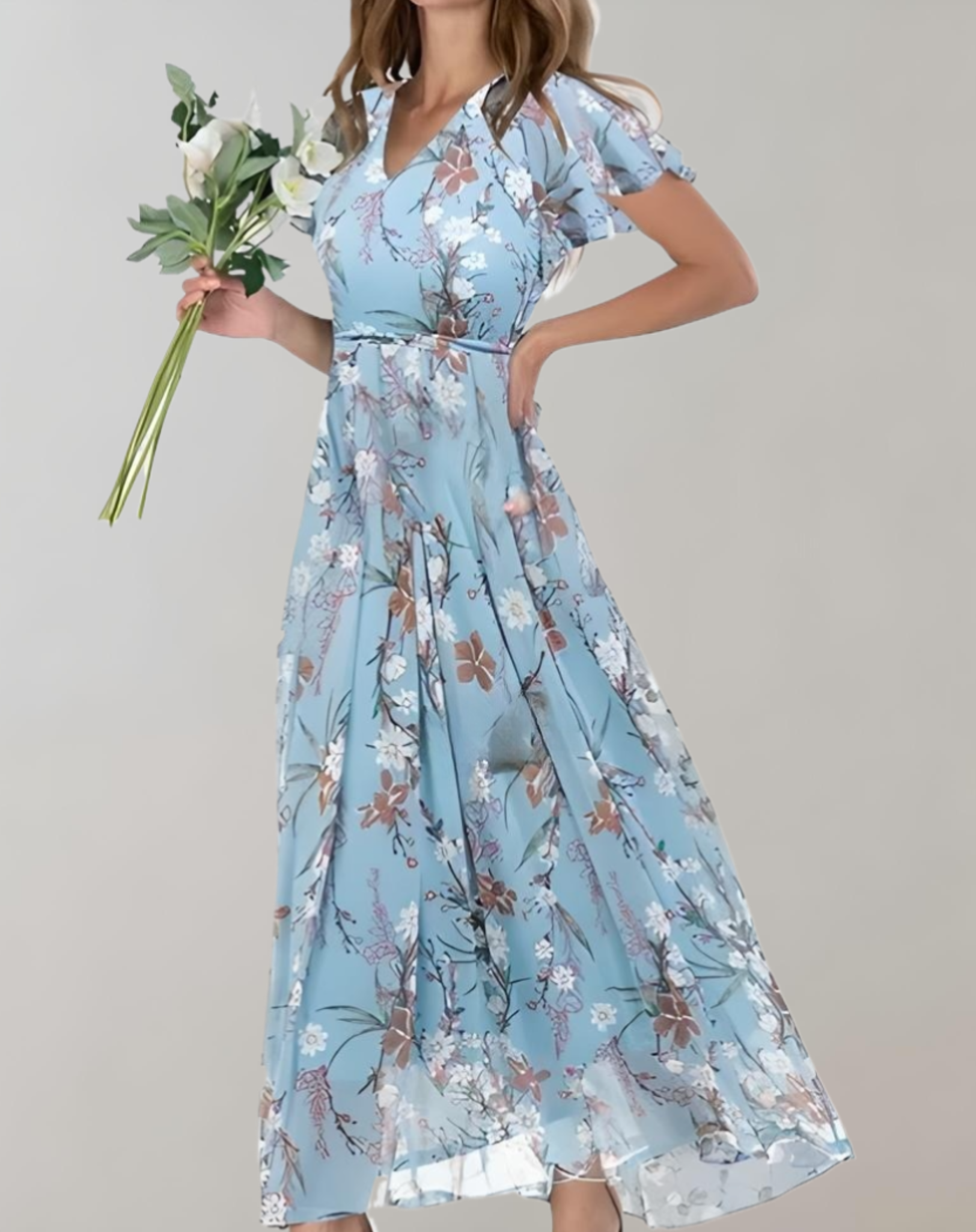 Lyda - Bohemian gebloemde maxi jurk met korte mouw en V-halslijn