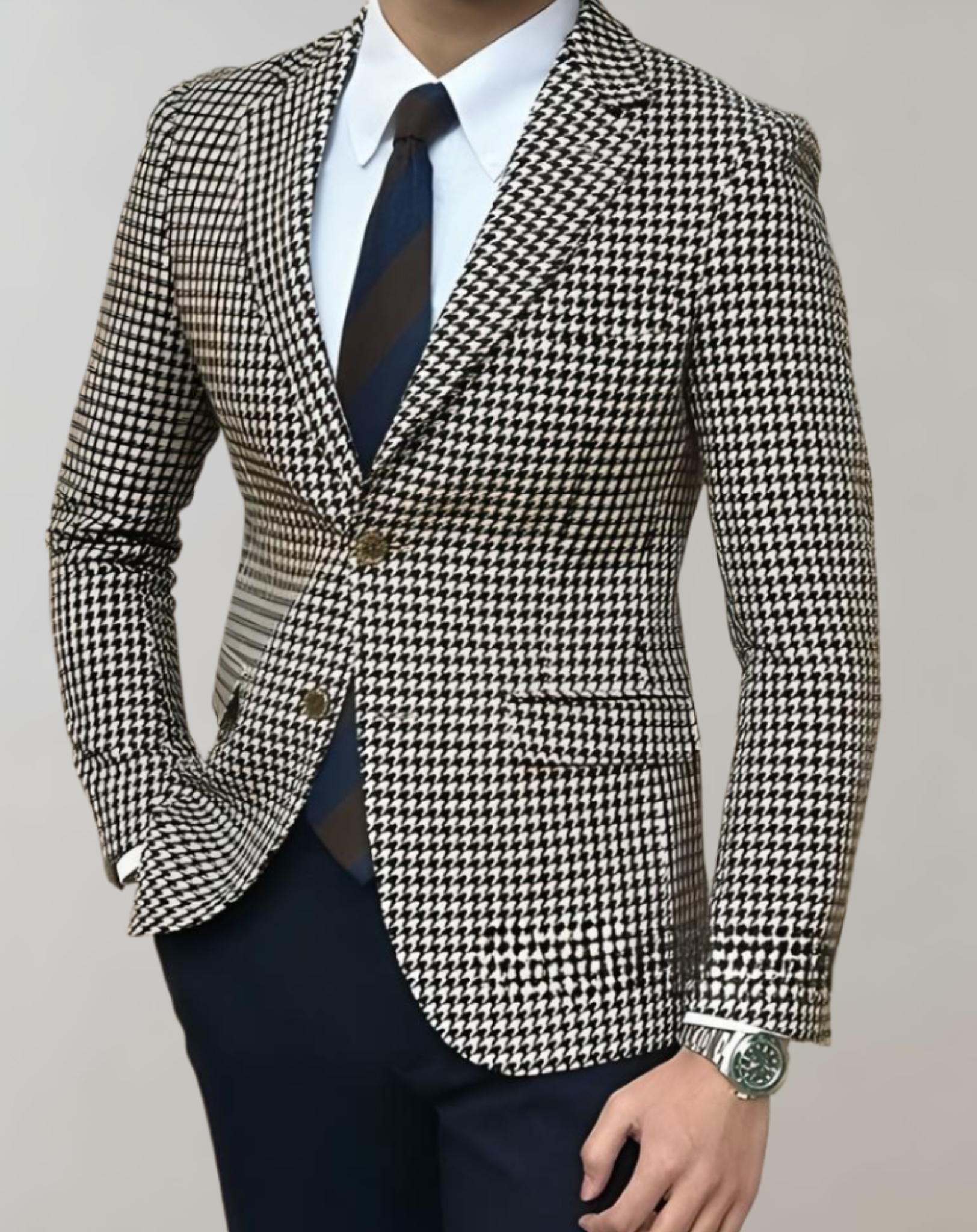 Harry - Herenblazer met één rij knopen en ingekeepte kraag, houndstooth motief en zakken