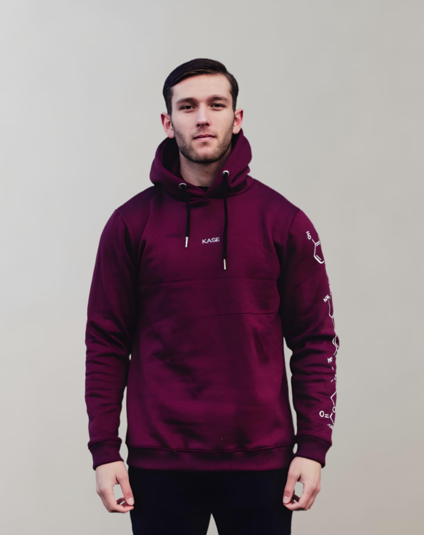 Bordeaux rode hoodie met capuchon en moleculen design op achterkant