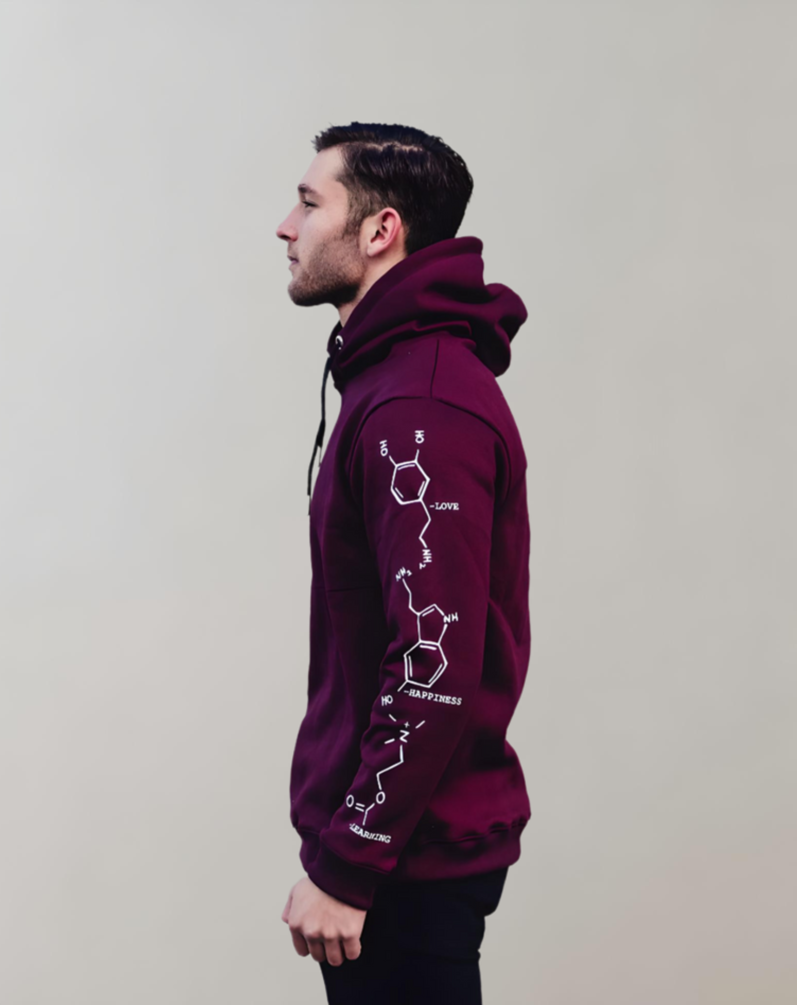 Bordeaux rode hoodie met capuchon en moleculen design op achterkant