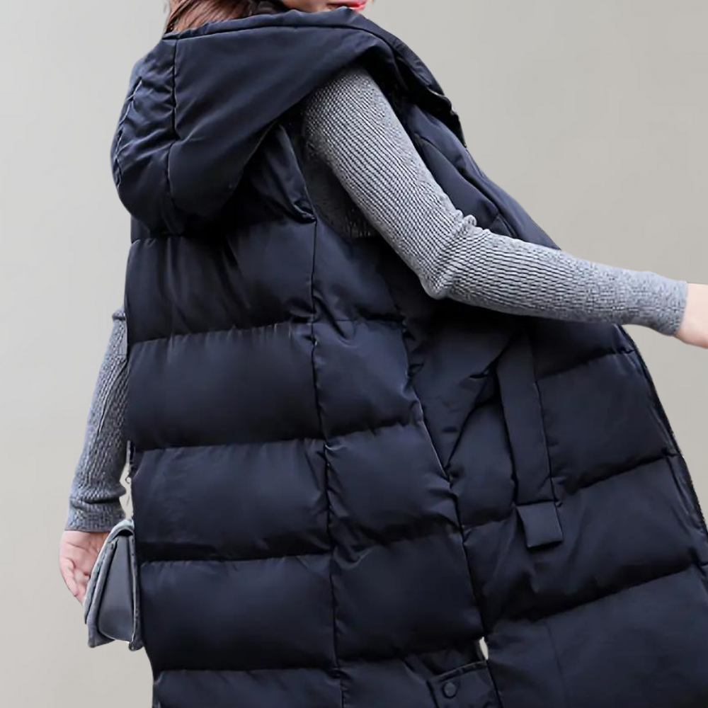 Colette - Dames lang wintervest met capuchon, warm en stijlvol voor koude seizoenen