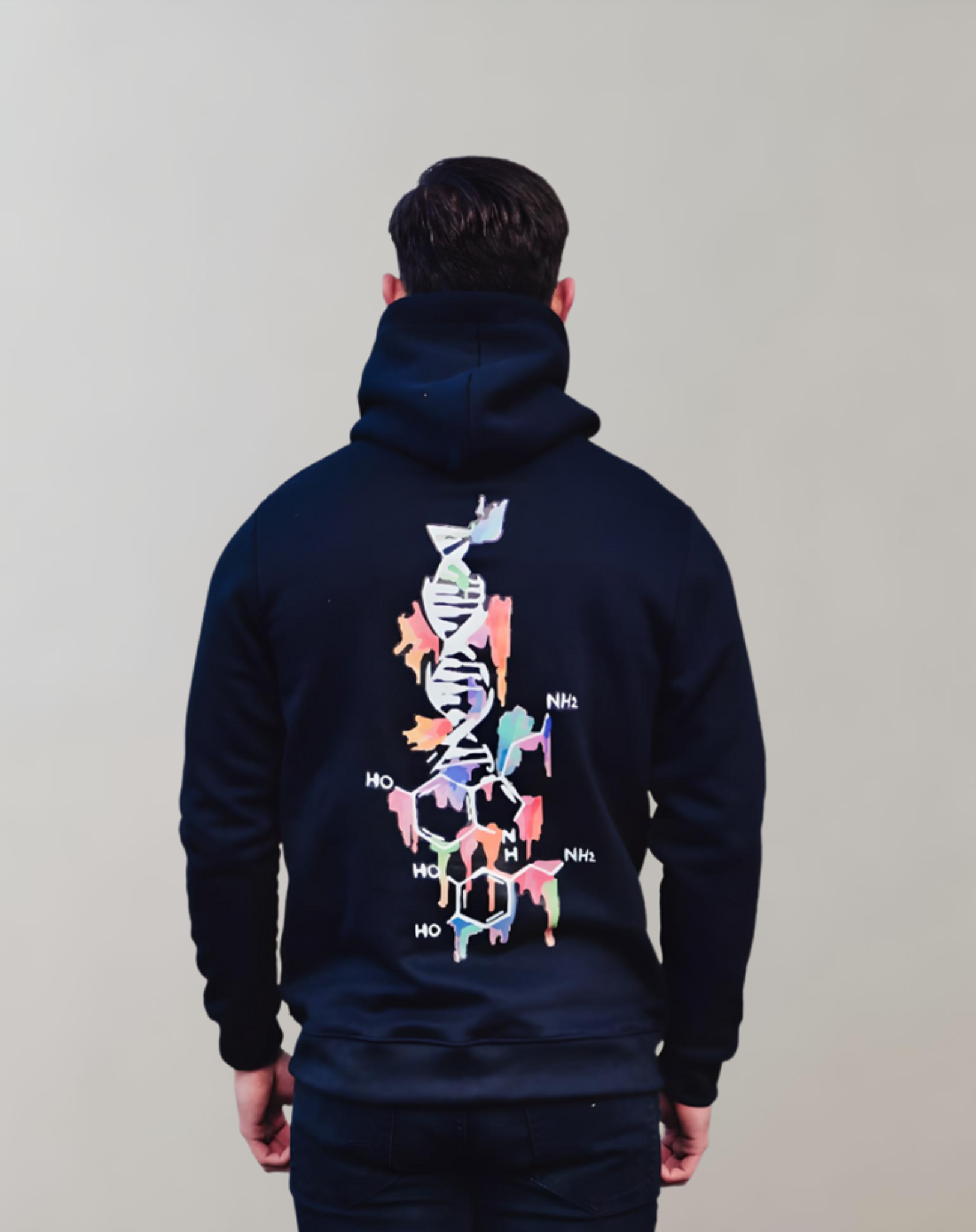 Blauwe hoodie met capuchon en DNA design op achterkant