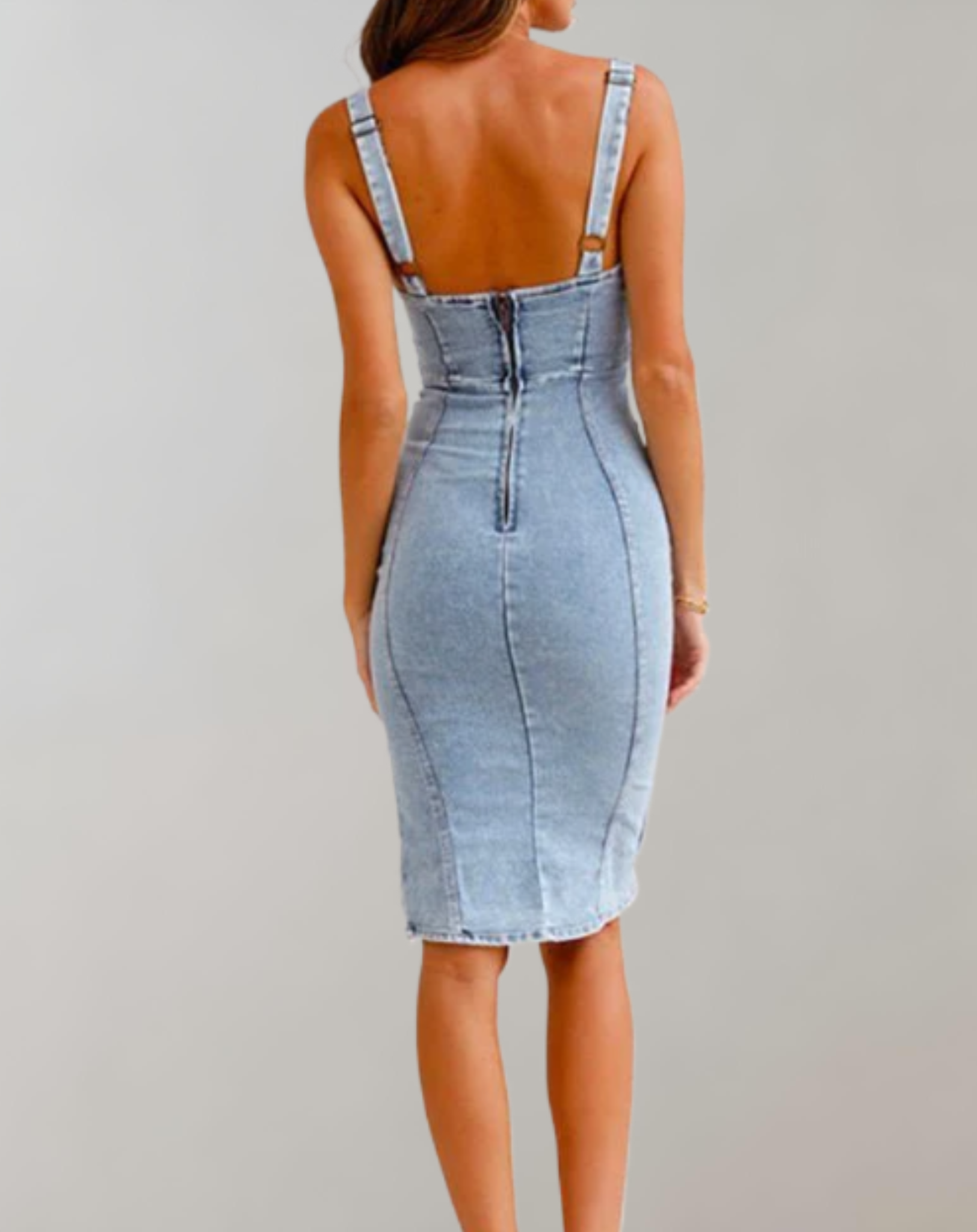 Mina - bodycon denim jurk met spaghettibandjes, split, U-hals en ritssluiting