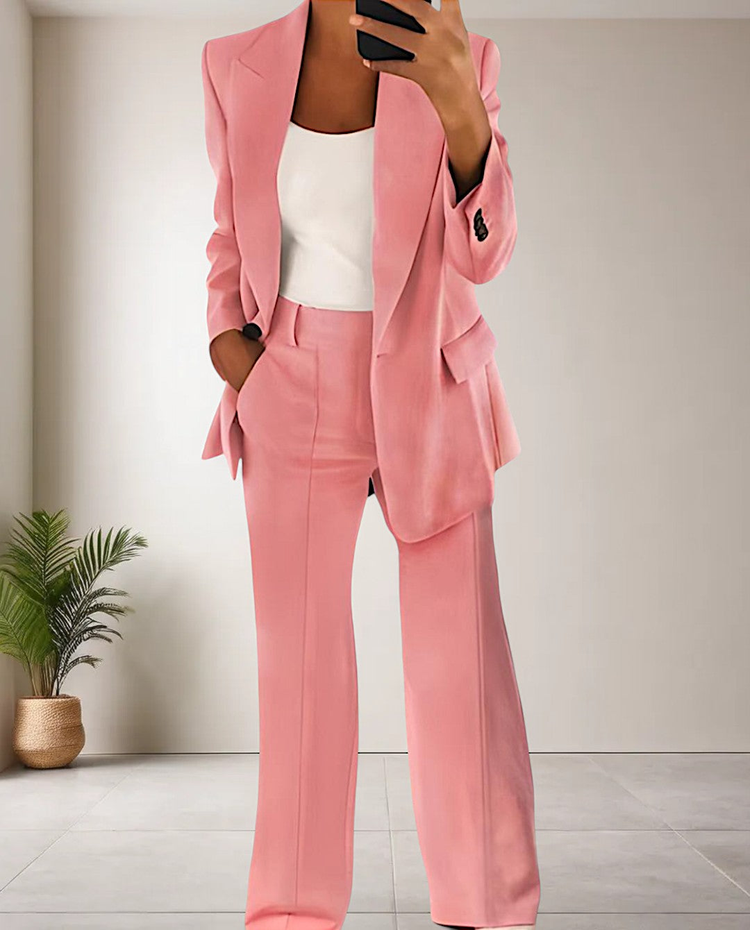 Elena - Formele Blazer met Ingekeepte Kraag en Wijde Pijpen Broek Set voor Dames