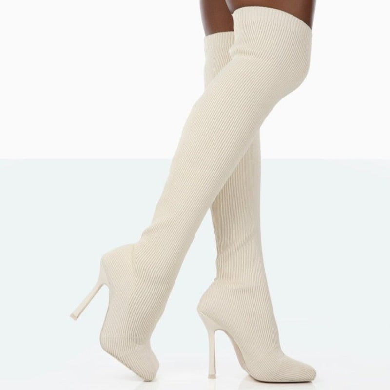 Margo - Women's Overknee Heeled Boots, Elastische pasvorm, Comfortabele hak