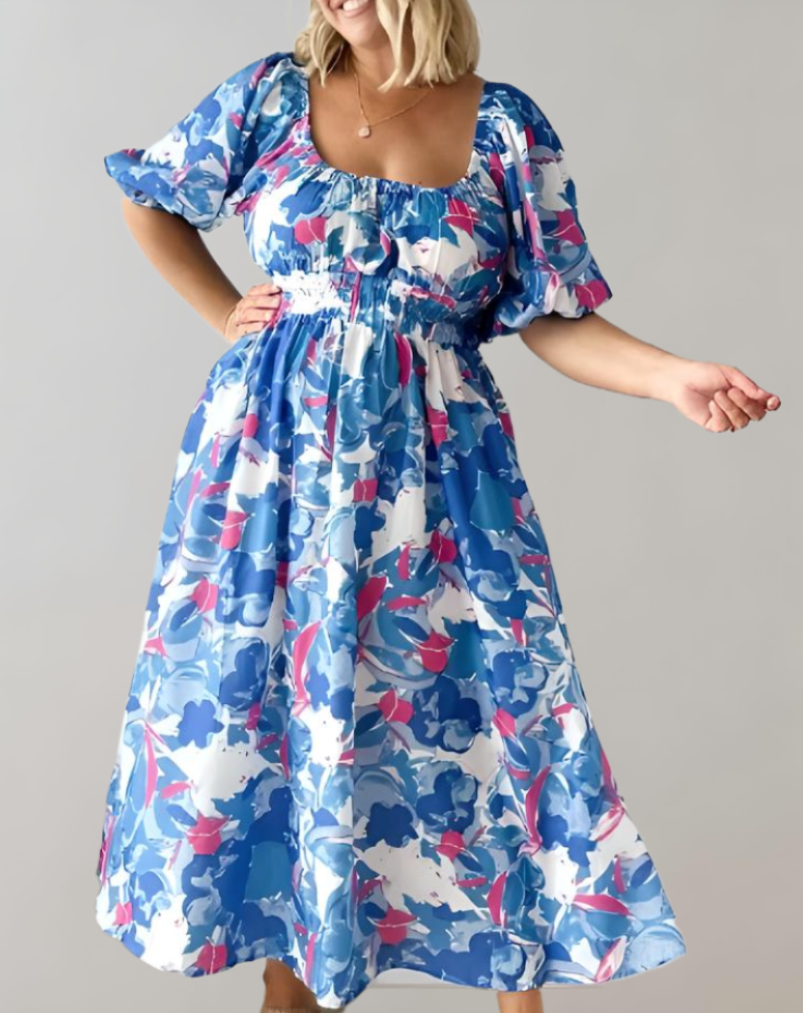 Pennie - off the shoulder zomerse midi-jurk met bloemenpatroon, pofmouw en tailleband