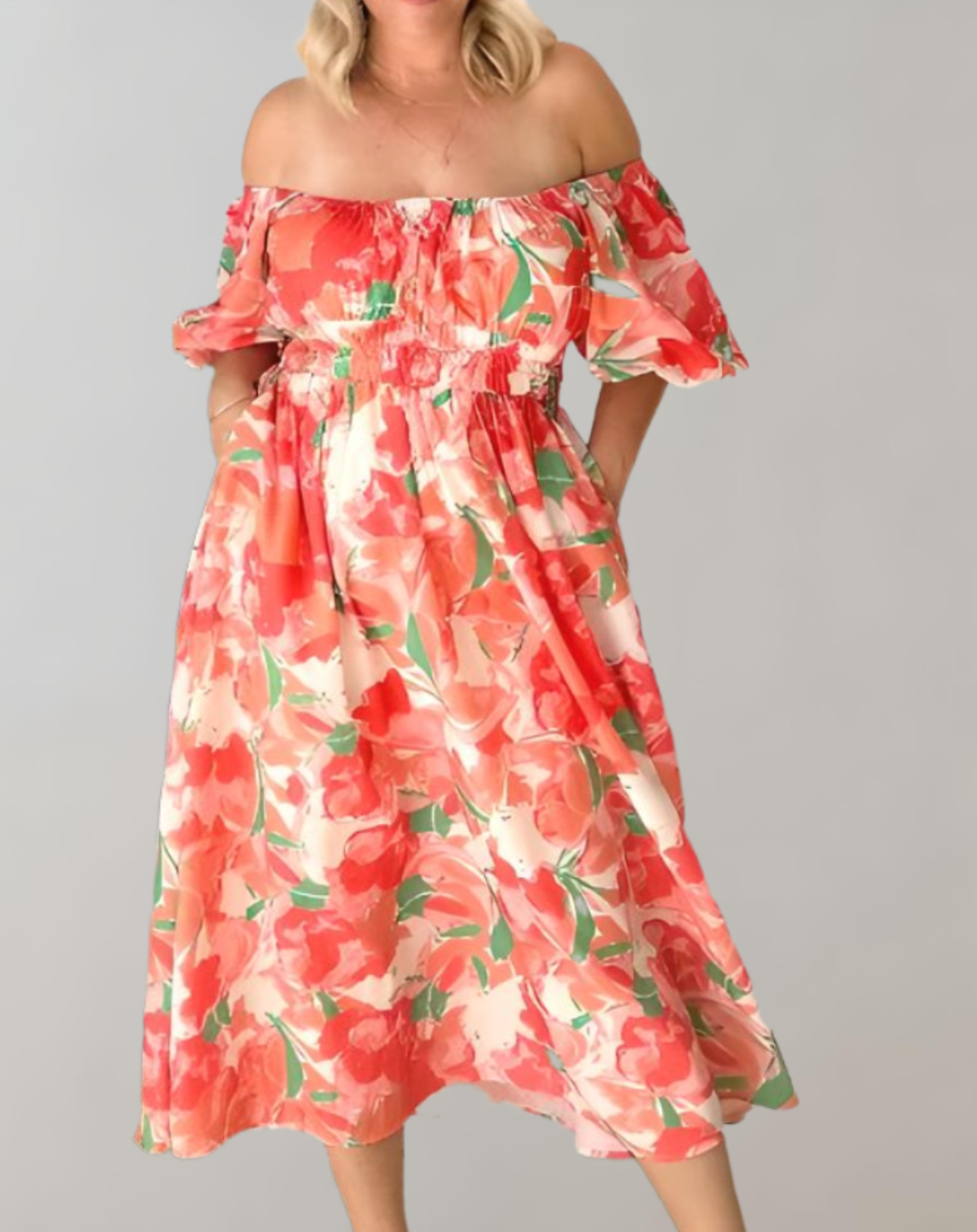 Pennie - off the shoulder zomerse midi-jurk met bloemenpatroon, pofmouw en tailleband