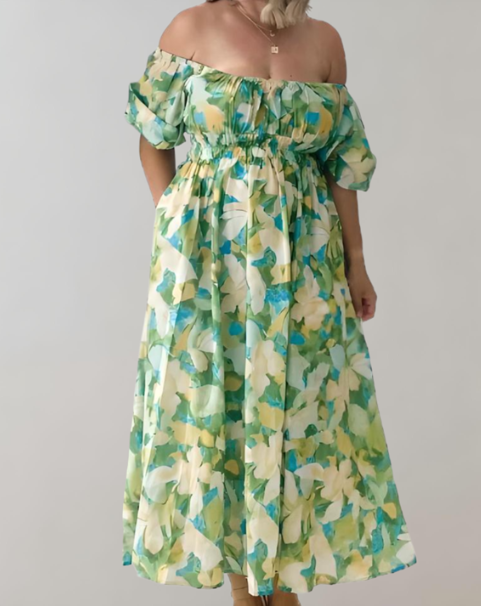 Pennie - off the shoulder zomerse midi-jurk met bloemenpatroon, pofmouw en tailleband