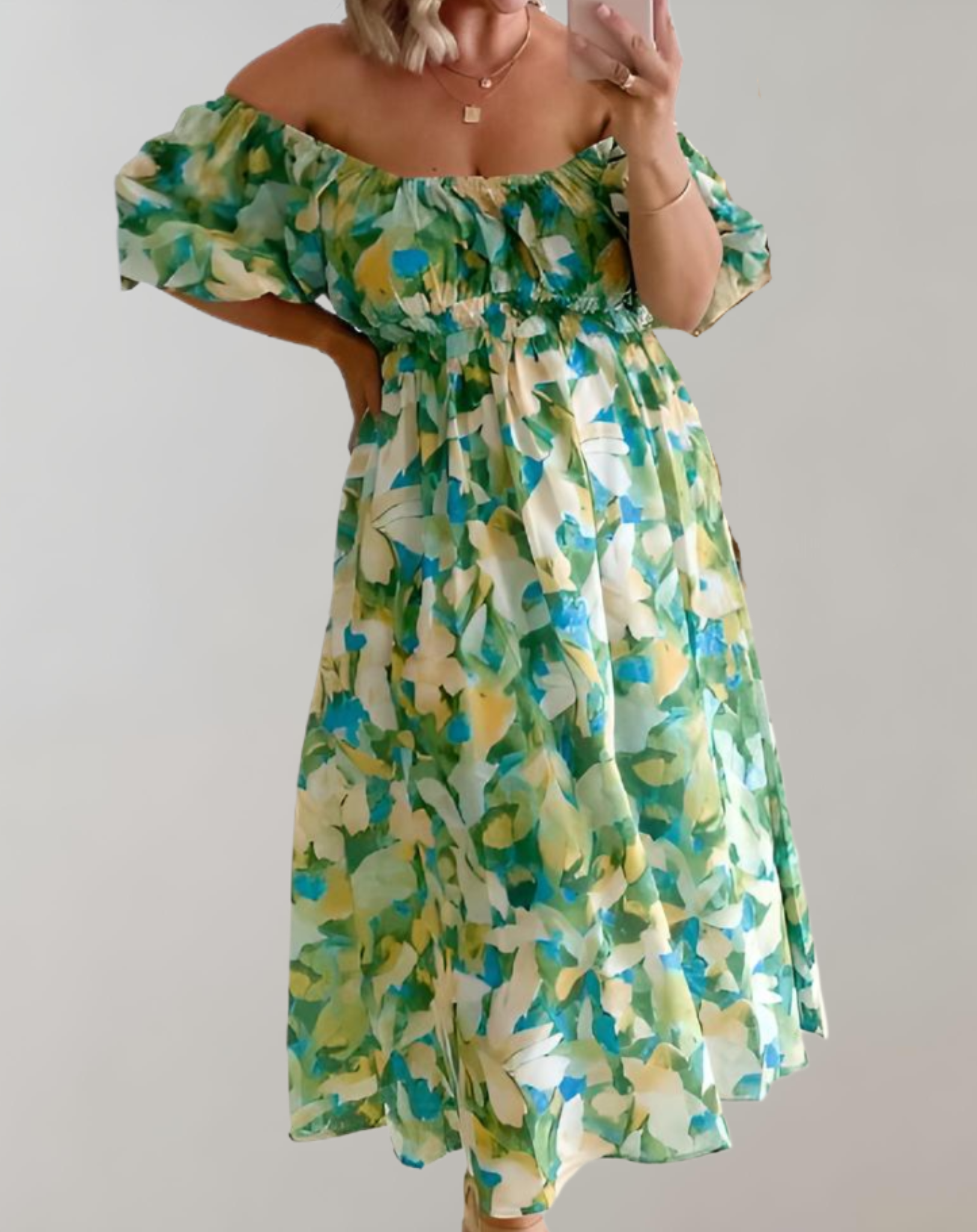 Pennie - off the shoulder zomerse midi-jurk met bloemenpatroon, pofmouw en tailleband