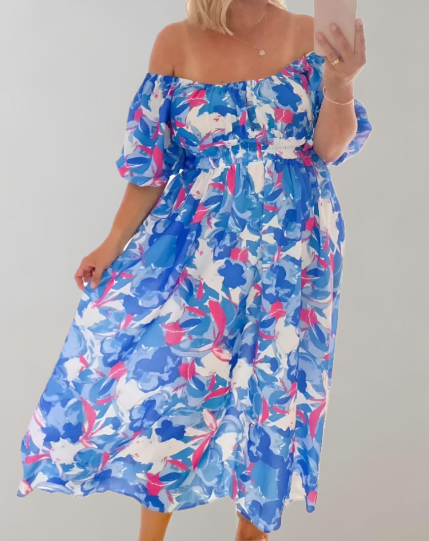 Pennie - off the shoulder zomerse midi-jurk met bloemenpatroon, pofmouw en tailleband