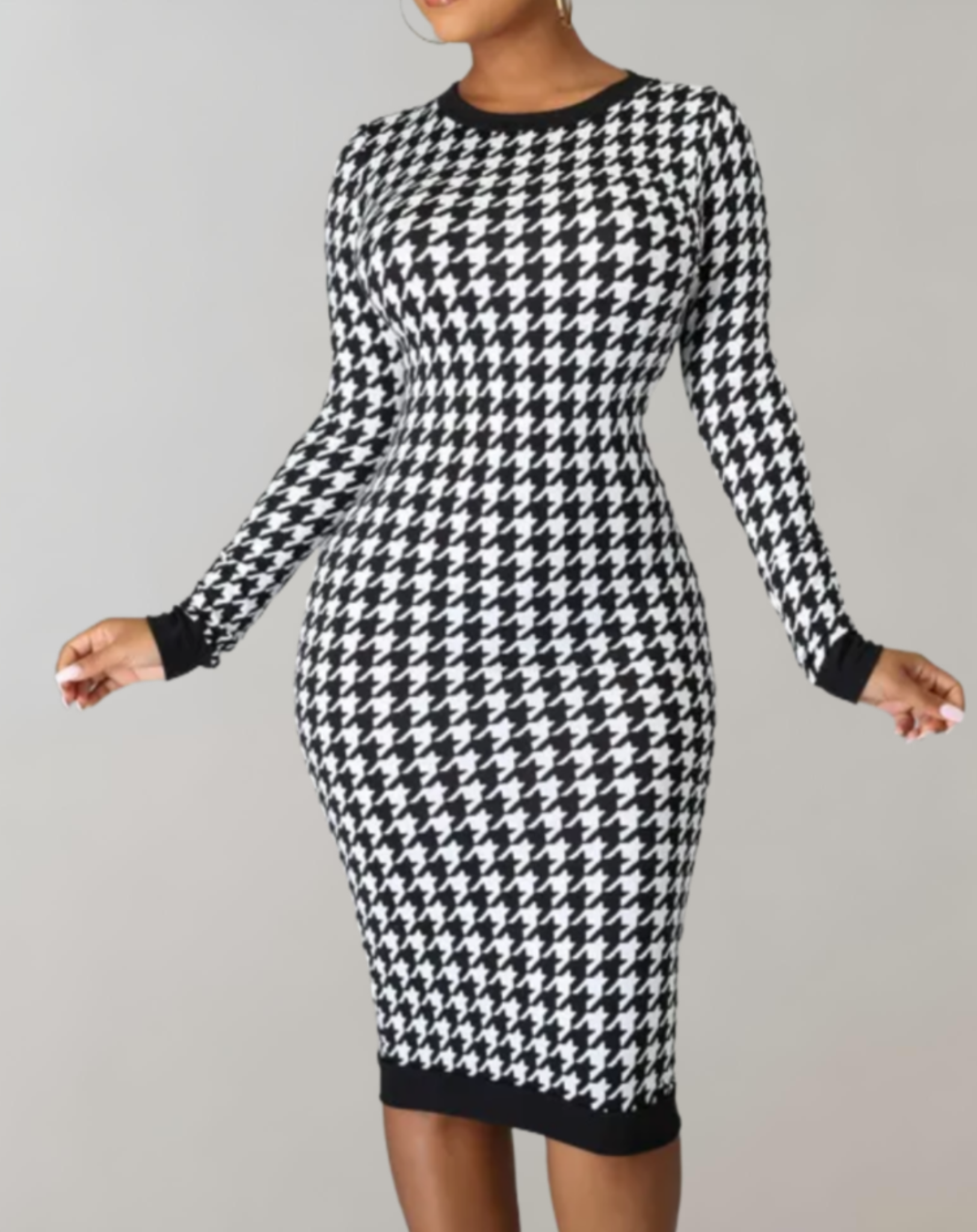 Yassi - houndstooth midi-jurk met lange mouwen, ronde hals en holle rugdetails