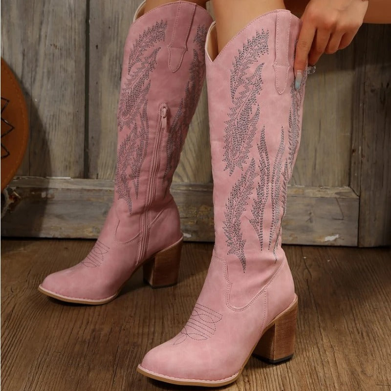 Mary - Roze Geborduurde Cowboylaarzen met Chunky Zool voor Vrouwen