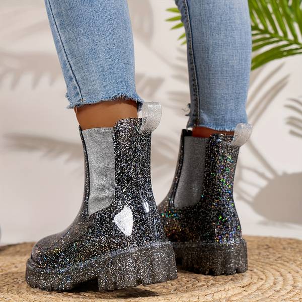 Eloise - Damesglitter platform enkellaarsjes met dikke zool en rits